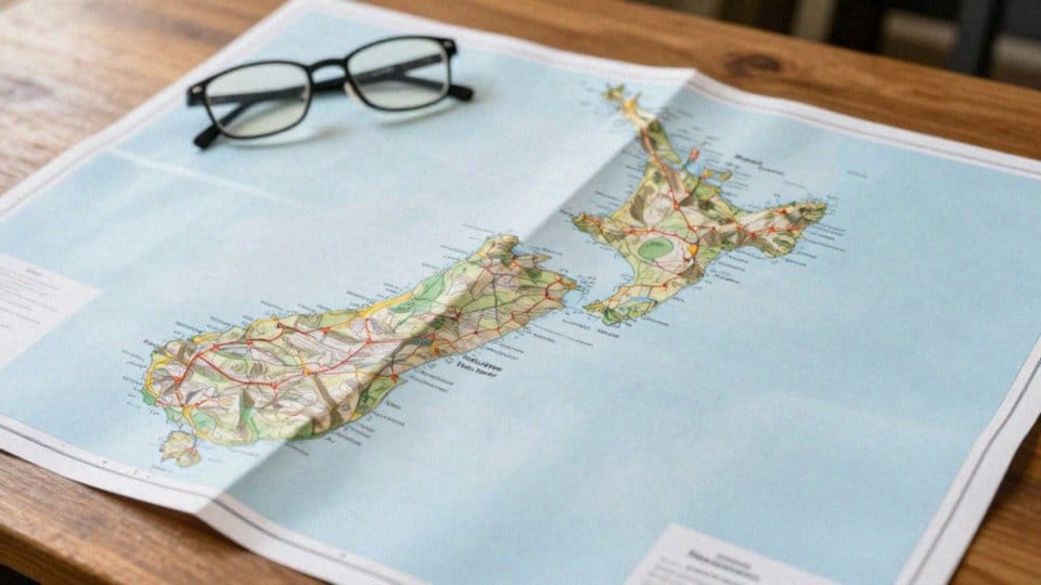 Czy mapa Nowej Zelandii pokazuje odległości między miejscowościami?